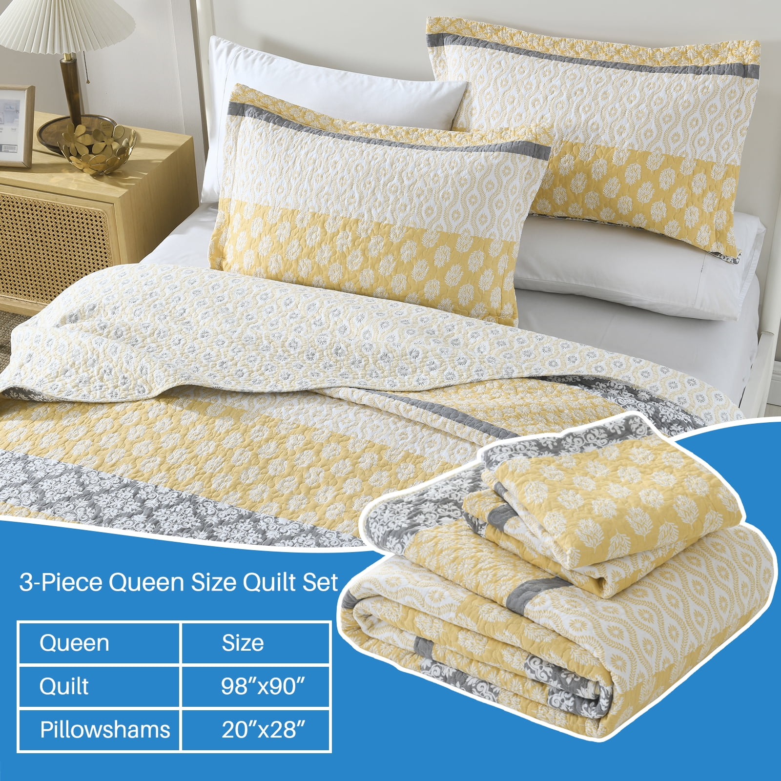 Bedduvit Quilt Bedspread for Queen Bed, 100% Cotton Gold Yellow Gray Floral Striped Reversible Quilts, Lightweight Farmhouse Summer Fall Printed Queen Quilt Comforter Set, 3-Piece 98"x90"
