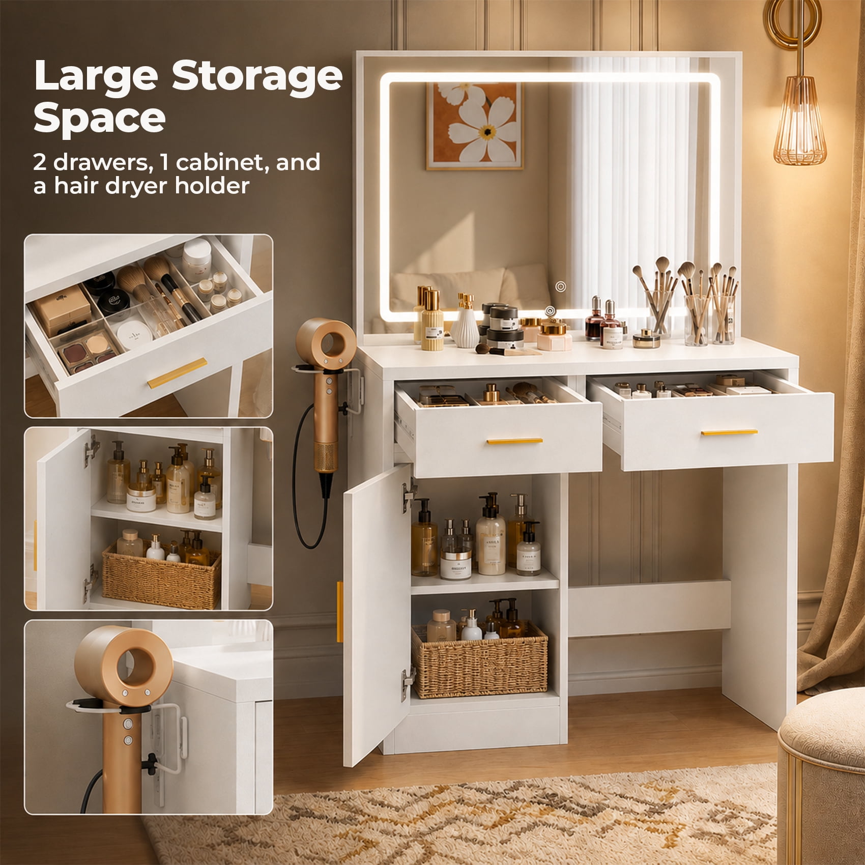 Alvantor Makeup Vanity Desk with Glass Top & LED Mirror, Adjustable Lighting, Storage Drawers, White