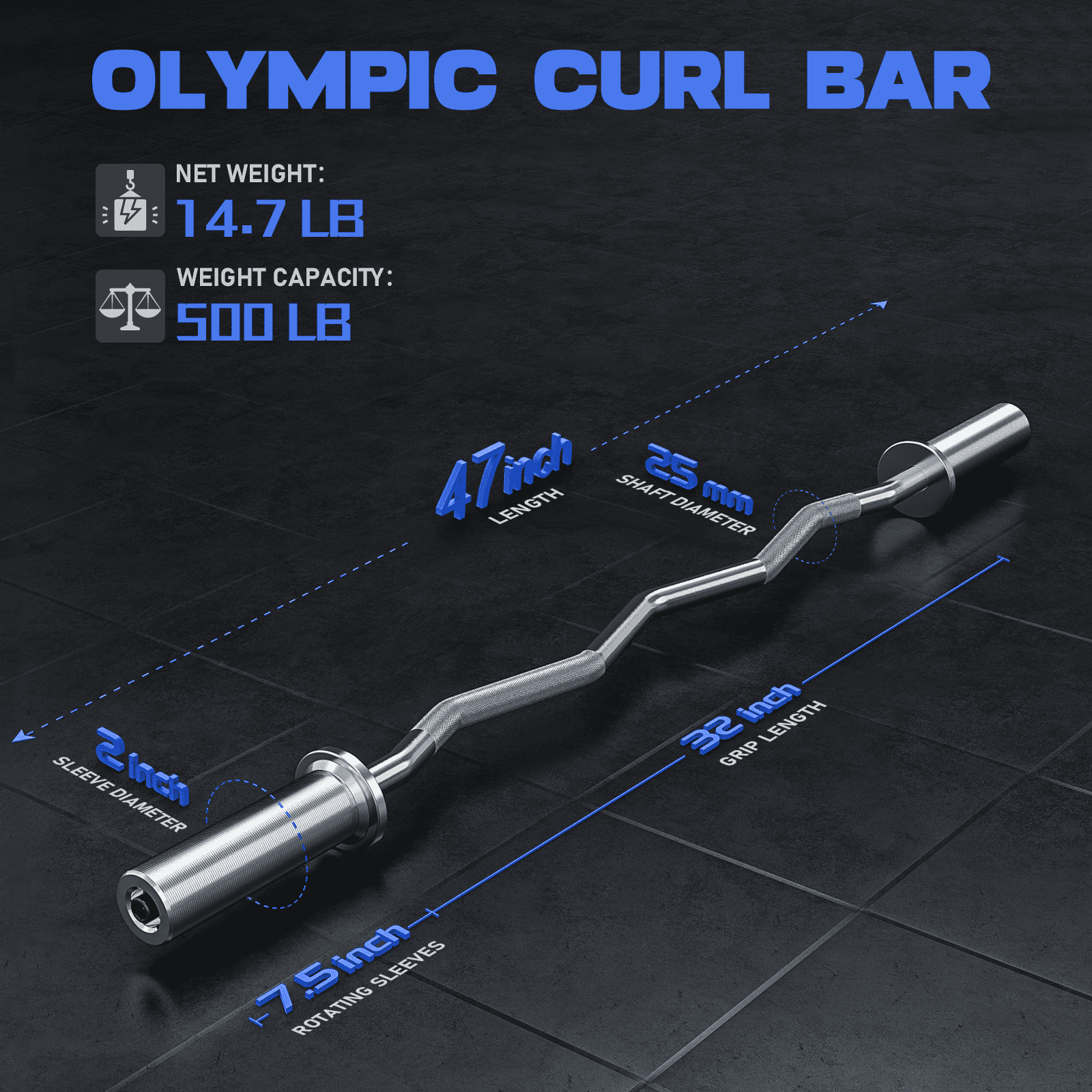 Olympic EZ Curl Barbell Bar, 47" EZ Curl Bar for Weight Lifting, Biceps, Triceps, Back/Leg Muscle Group Exercise,Chrome Curling Bar for 2 Inch Weight Plates,with 2 Spring Collars