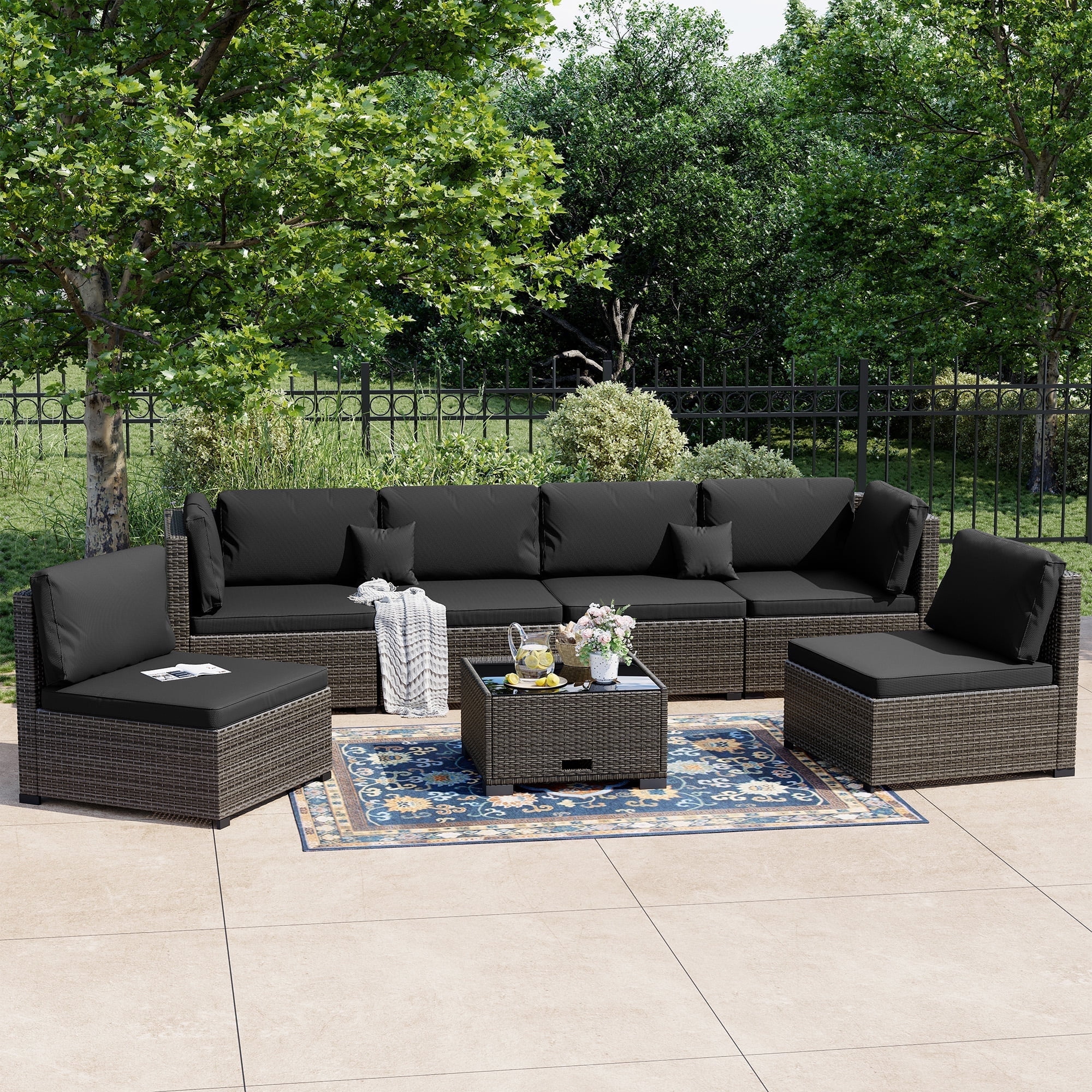 LHBcraft 7-Piece Outdoor Patio Furniture Set, All-Weather PE Rattan Sectional Sofa with Cushions and Coffee Table
