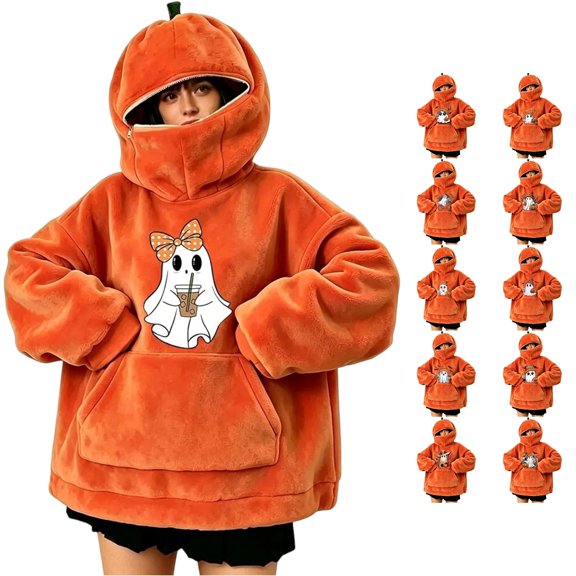 DHFJKG Blanket Hoodies For Women Halloween Pumpkin Sweatshirts Fuzzy Oversized Hoodie Ghost Print Flannel Tops