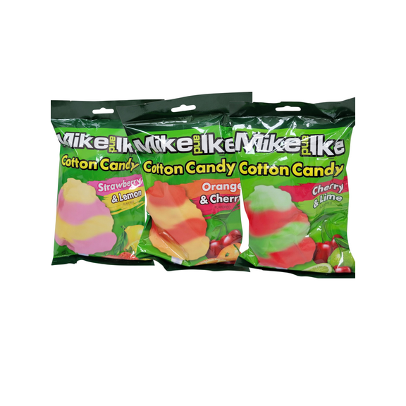Mike and Ike Cotton Candy 3 Pack Strawberry Lemon, Orange Cherry, and Cherry Lime