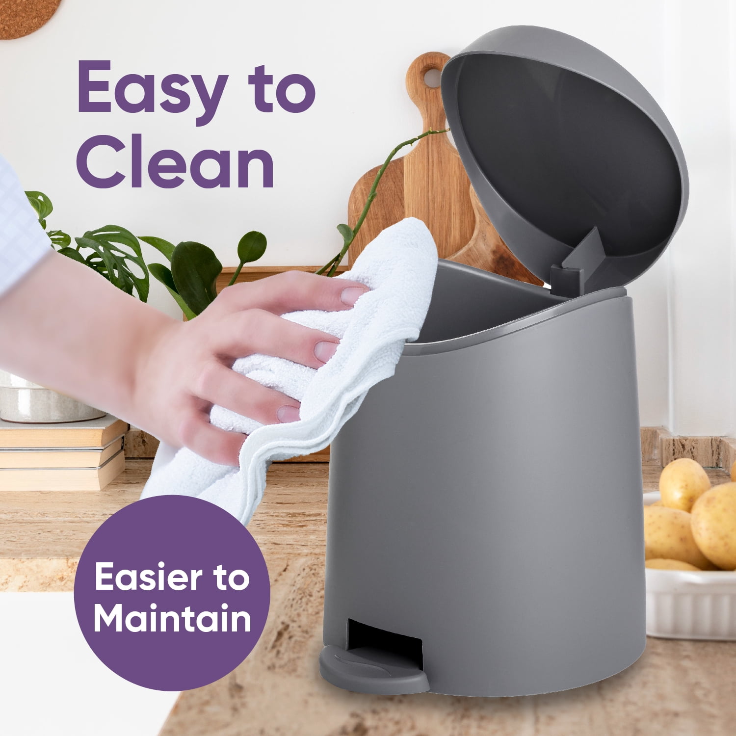 Superio Small Trash Can with Lid 3 Liter, Plastic Mini Waste Bin 0.75 Gallon, Modern Flat Lid Step Trash Can with Foot Pedal, Bathroom, Bedroom, Office, Under Desk, Soft Close (Gray, 2 Pack)