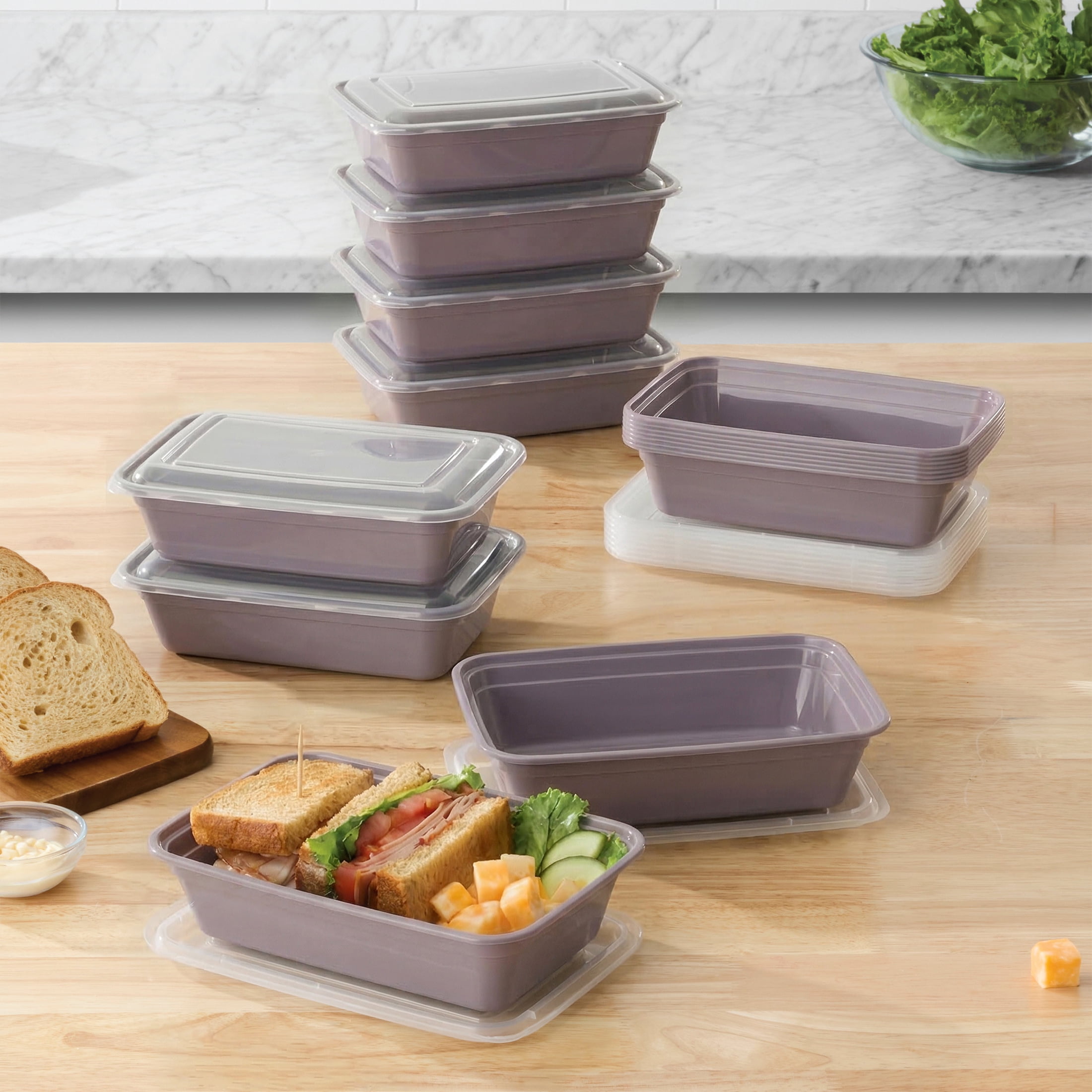 Mainstays 15-Pack 1-Compartment BPA-Free Plastic Meal Prep Food Storage Containers, Lilac Bloom