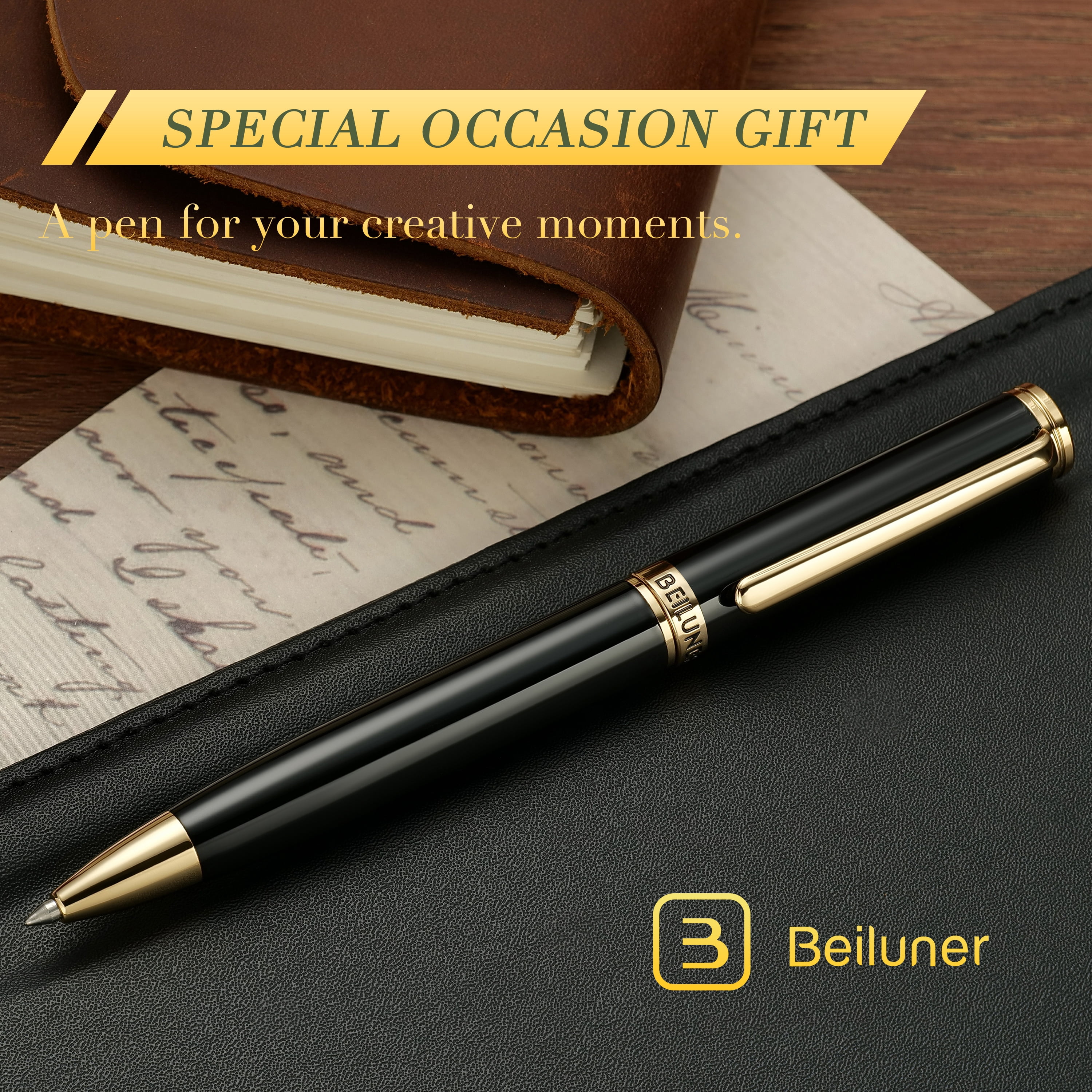BEILUNER Black Gel Pens,Peerless Pen with 24K Gold Trim,The Exquisite Product Detail, Fancy Leather Box- Pen Gift Set for Men & Women-Executive, Office, Nice Designer Pens