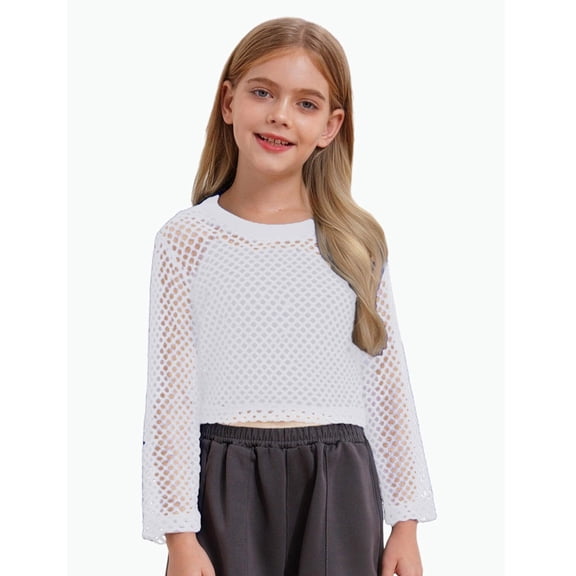 REDARER Big Girls Mesh Cropped Long Sleeve Top Hollow Out Casual Fashion Blouse,11-12 Years