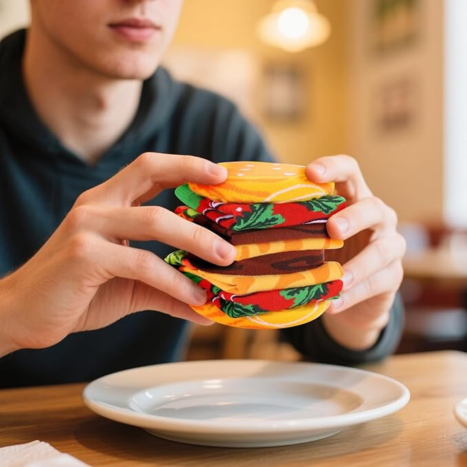 Funny Burger Socks Box for Men Dad Women Teen Boys -Funny Gifts Hamburger Novelty Funky Crazy Silly Cool Food Socks -Fathers Valentines Day Birthday Gag Christmas Gift Ideas Stocking Stuffers