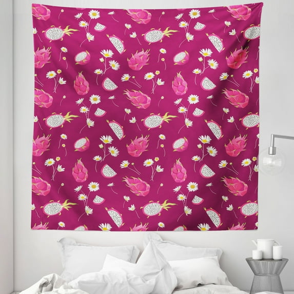 Daisy Flowers Tapestry, Tropical Dragon Fruit Romantic Blossoms Orderly Repeated Illustration, Fabric Wall Hanging Decor for Bedroom Living Room Dorm, 5 Sizes, Raspberry White, by Ambesonne