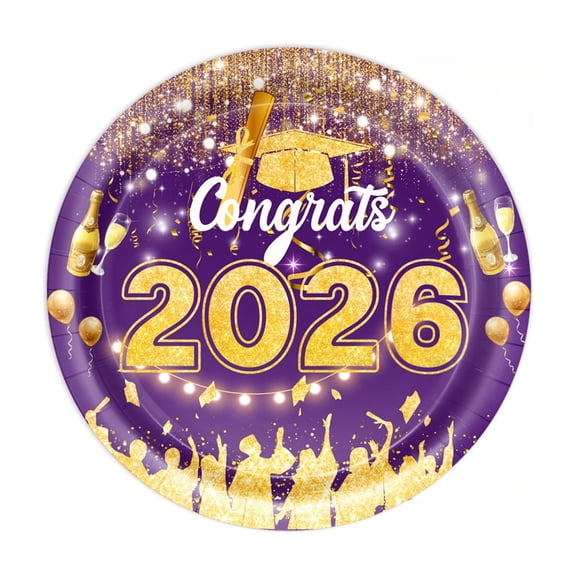 2026 Graduation Paper Plates - Purple and Gold Disposable Dinner Plates with Grad Cap & Diploma Design, Class of 2026 Congrats Grad Party Supplies for Graduation Celebration Tableware Decorations