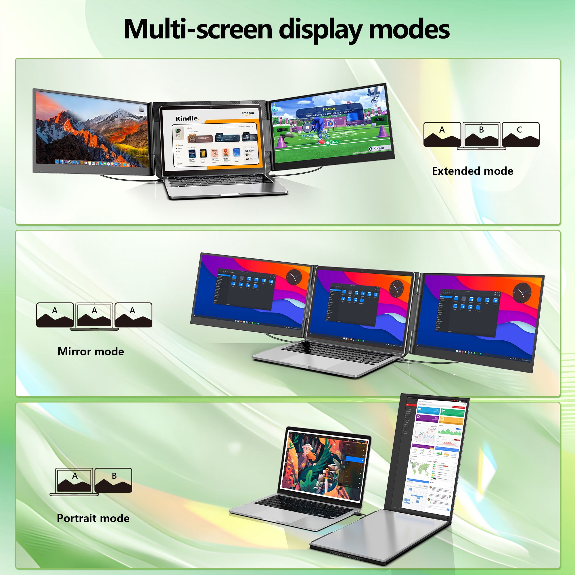 JEEJIA Laptop Screen Extender, 15.6" FHD 1080P Triple Portable, Two Cable USB-C/HDMI Plug & Play for 13-17" Laptops, Compatible with Mac/Win/Android