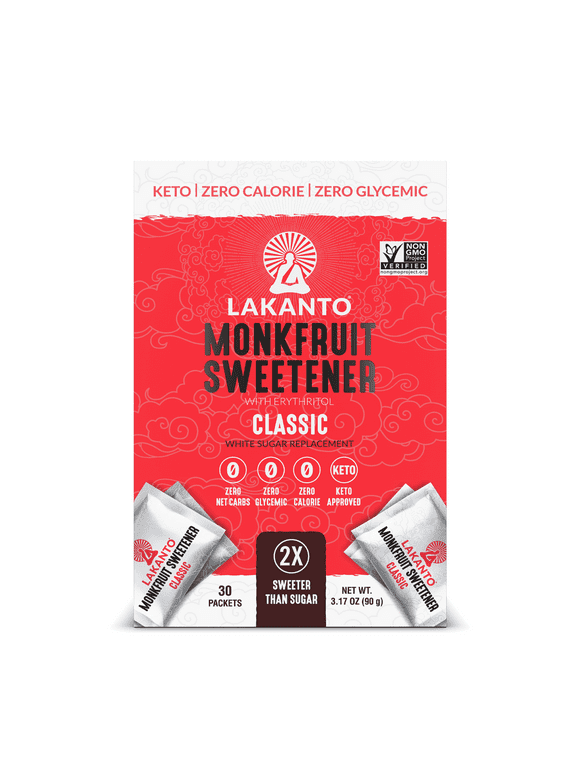 Lakanto Monk Fruit Sweetener Packets - White Sugar Replacement, Zero Net Carbs, Zero Glycemic, Zero Calorie, Keto, Sweeten on the Go, Coffee, Lemonade, Other Drinks, Desserts (Classic, 30 Count)