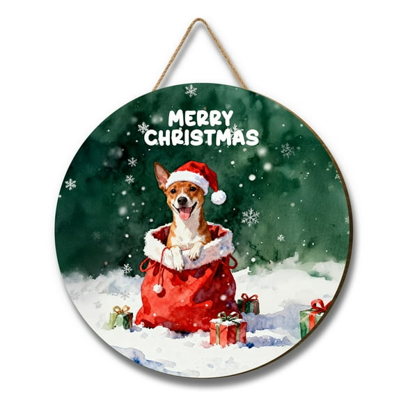 Santa Surprise Gift Basenji Merry Cheerful Christmas Round Wood Sign African Barkless Dog Lover Hanging Wall Home Decor - 12021