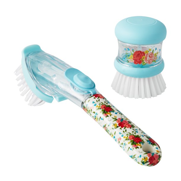 The Pioneer Woman Soap Dispensing Dish Wand and Palm Brush Set, Sweet Rose, 2 Pieces