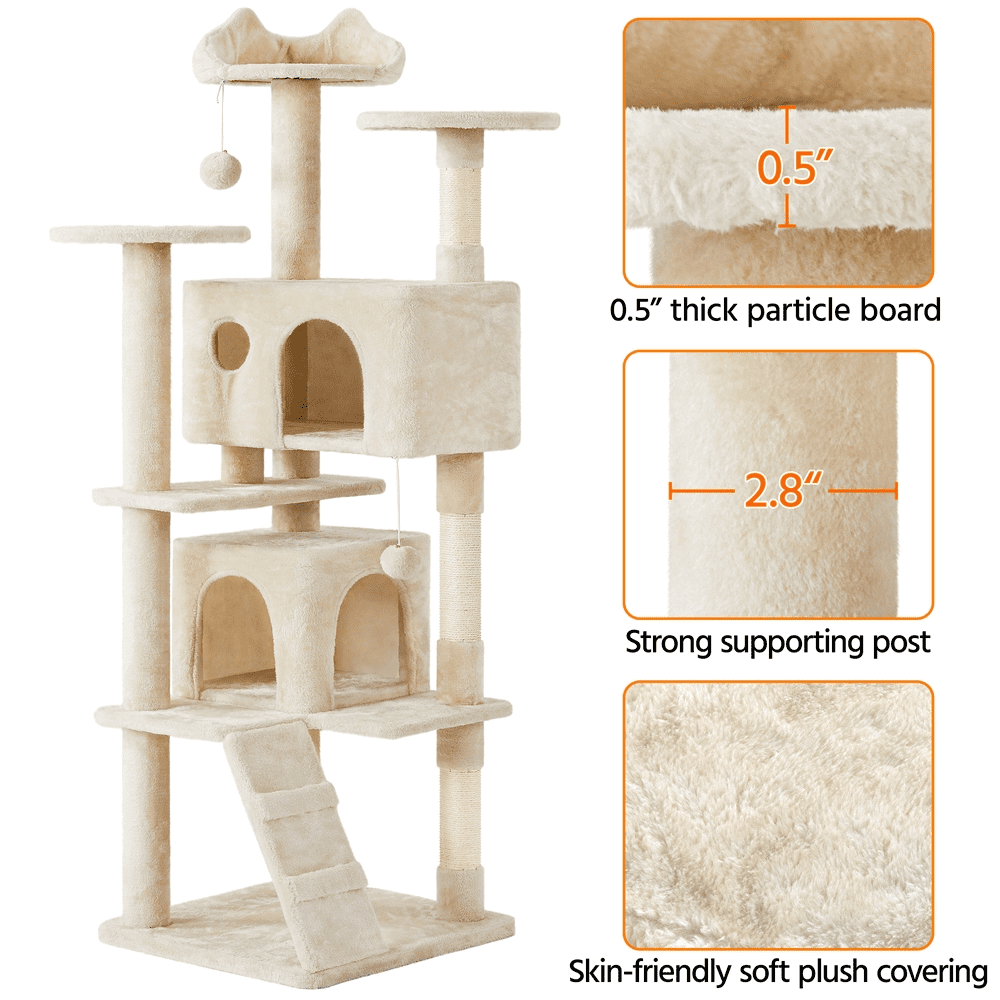 Alden Design 70" H Double Condo Cat Tree with Scratching Post Tower, Cream