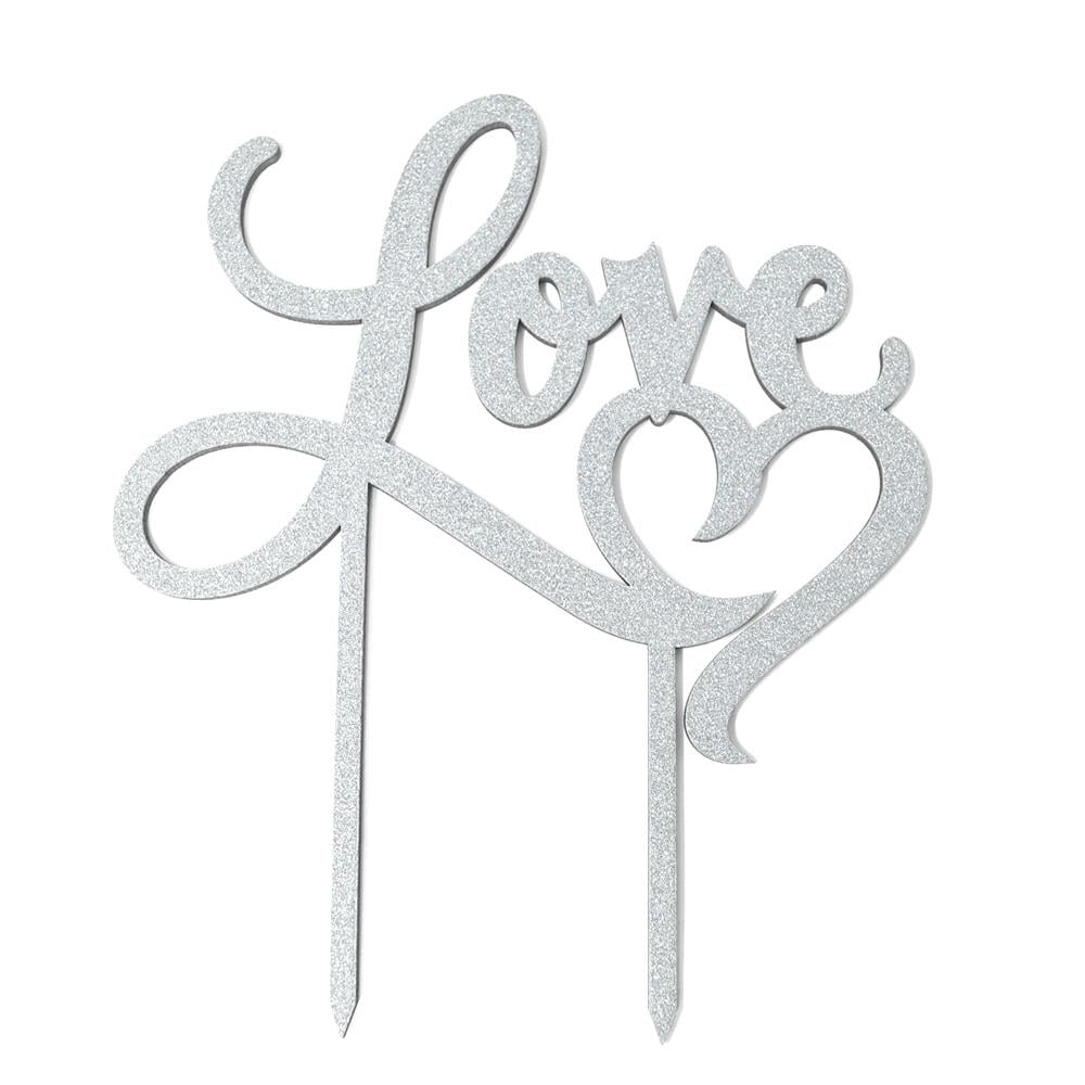 Love Heart Wedding Glitter Cake Topper, 7Inch, Silver
