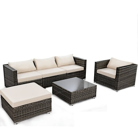 Gymax 6PC Cushioned Patio Set Rattan Wicker Furniture Sectional Sofa