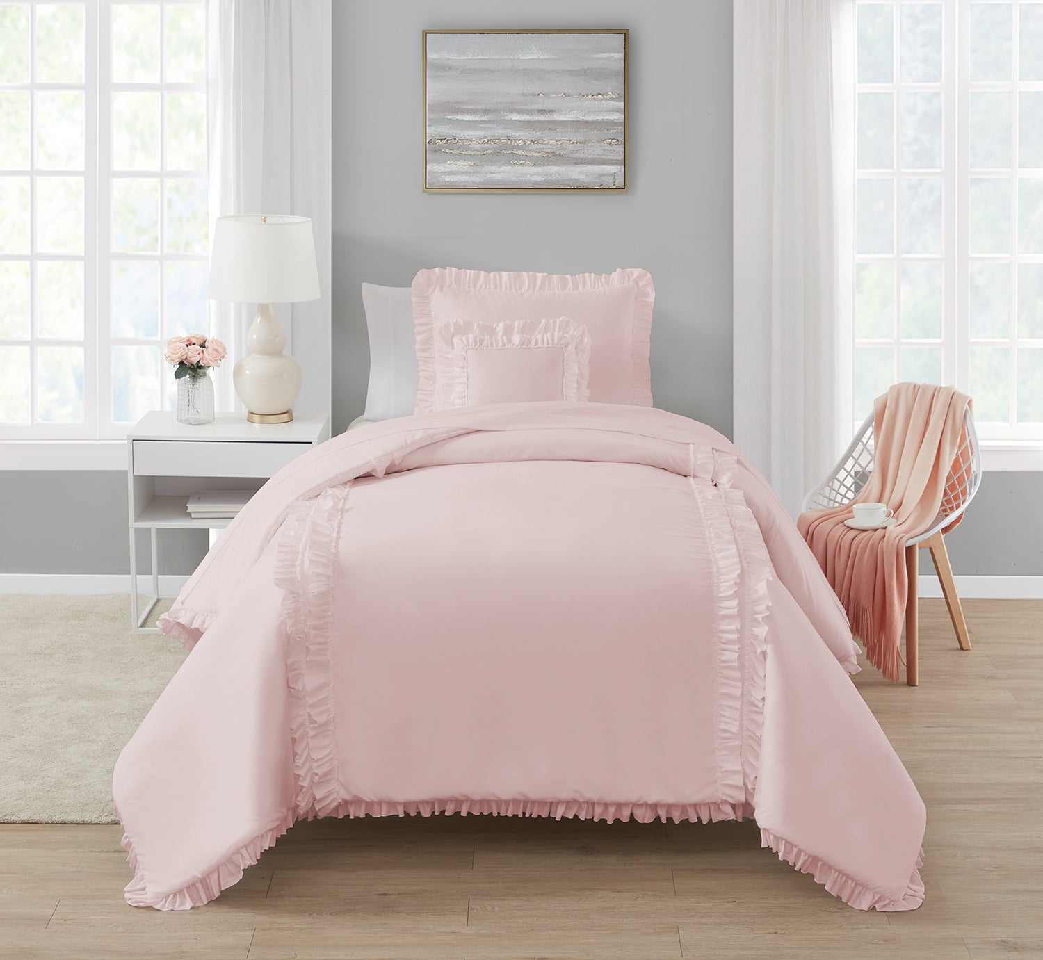 Simply Shabby Chic Pink Ruffle 3-Piece Soft Washed Microfiber Comforter Set, Twin, full/queen $40.99pk...white available to 