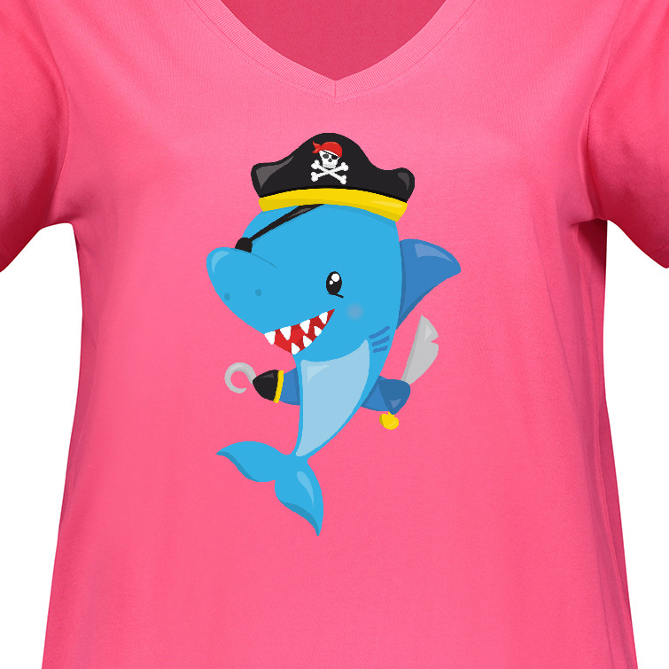 Inktastic Pirate Shark, Shark Wearing Pirate Hat, Blue Shark Women's Plus Size V-Neck T-Shirt - image 3 of 4