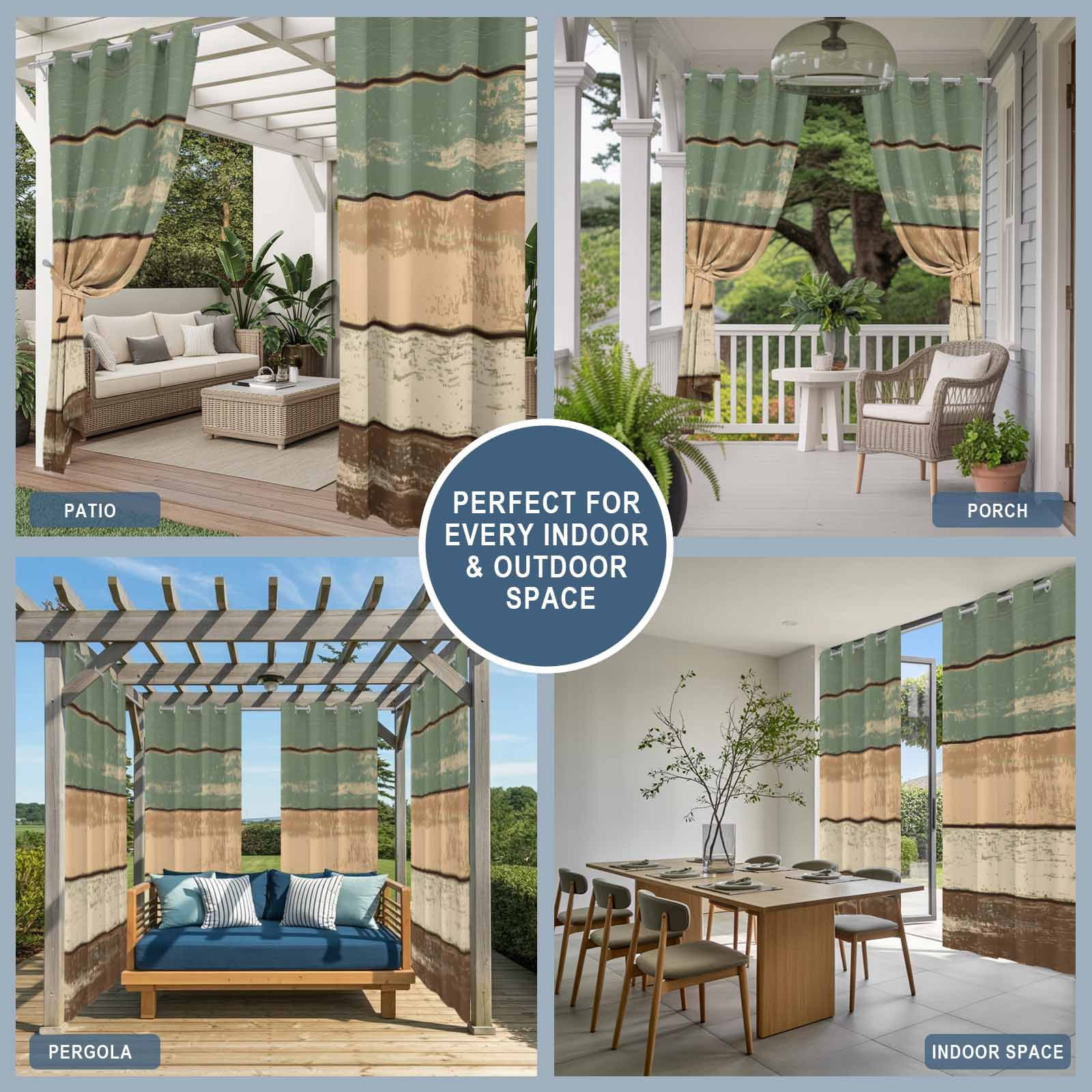Outdoor Curtains for Patio Waterproof, Green Brown Farmhouse Windproof Pravicy Outside Porch Blackout Curtain, Vintage Wooden Sun Blocking Grommets Curtains for Cabana Gazebo 54"x108"
