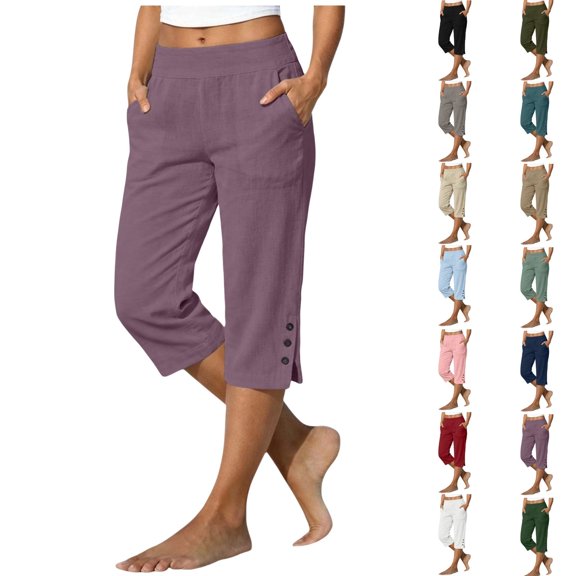 Qingpeng Womens Capris Pants Cotton Linen Casual Elastic Waisted Split Button Hem Summer Straight Leg Cropped Pants with Pockets