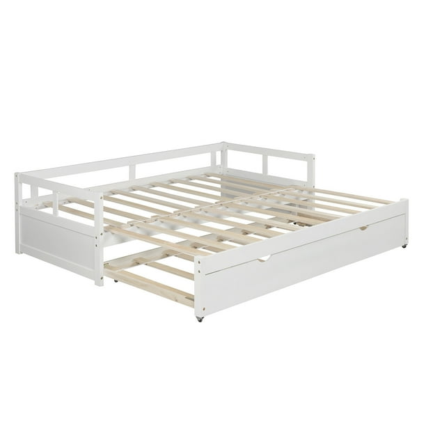 Extendable Daybed With Trundle Twin To King Size Foldable Bed Wooden Sofa For Bedroom Living Room No Box Spring Needed White Com Trundle Bed Wooden Daybed Sofa, Trundle Bed Spring King Size