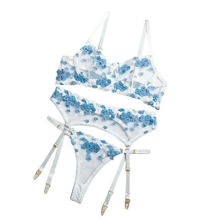 

Hfyihgf Women s 3 Piece Sexy Soft Lace Lingerie Set with Garter Belt See Through Underwear Floral Lace Bralette Sheer Bra and Panty Set(Blue XL)