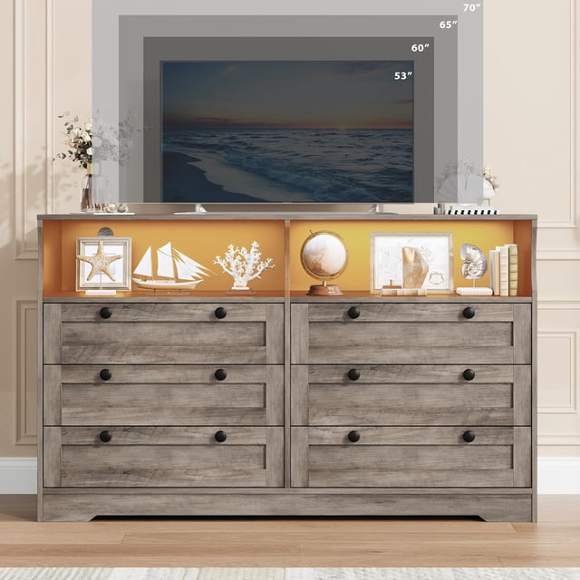 Modern Rustic Antique Light 6-Drawer Dresser with Power Outlet, USB Charging Ports, Multi-Color LED Light - Scratch-Resistant MDF, Anti-Tip Safety, Spacious Storage for Bedroom, Living Room, Entryway