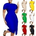 thumbnail image 4 of Quinlirra Women's Casual Dresses Midi Women Flare Sleeve Solid Short Sleeved Round Neck Versatile Commuting Waist Retraction Wrap Buttocks Dress, 4 of 4