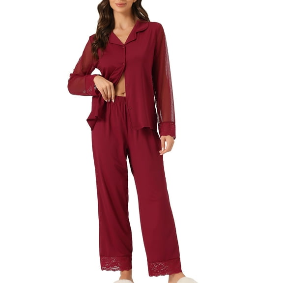 INSPIRE CHIC Women's Button Down Shirt Sheer Mesh Long Sleeve Long Pants Pajama Set Sleepwear S Red
