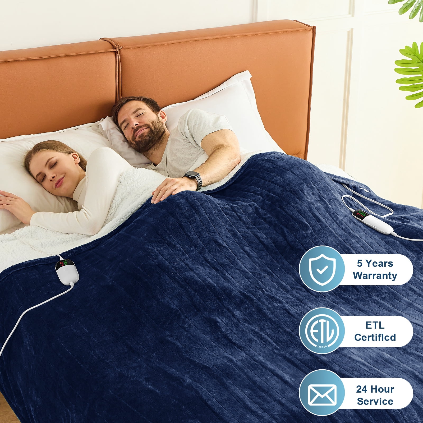 PMONPA Electric Heated Blanket, Flannel & Sherpa Heating Blanket for Adult, Fast-Heating with 10 Heat Levels 5 Time Settings (73"x85", Blue)