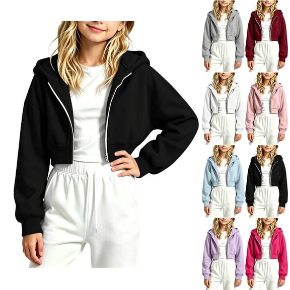 MexChoioe Girls Cropped Zip Up Hoodie Long Sleeve Casual Hooded Sweatshirt Fall Winter Daily Wear for Girls