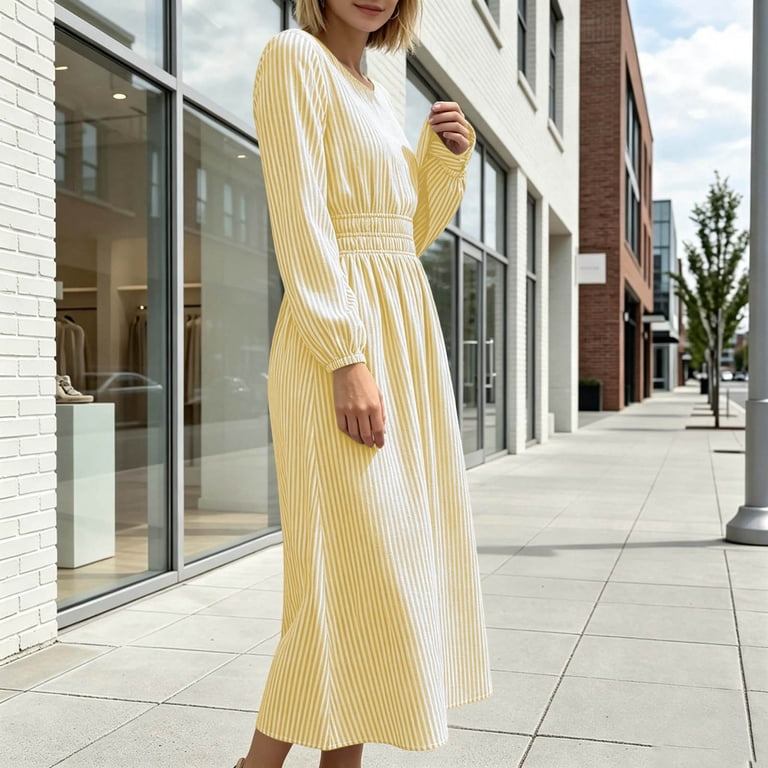 striped a line midi dress FRSASU Women's Long Sleeve Round Neck Smocked Elastic Waist Flowy Casual Daily Holiday Long Dress Yellow Button Back Vintage CHANEL 90s Mini Linen/Length:Lined on top Colours shown are as
