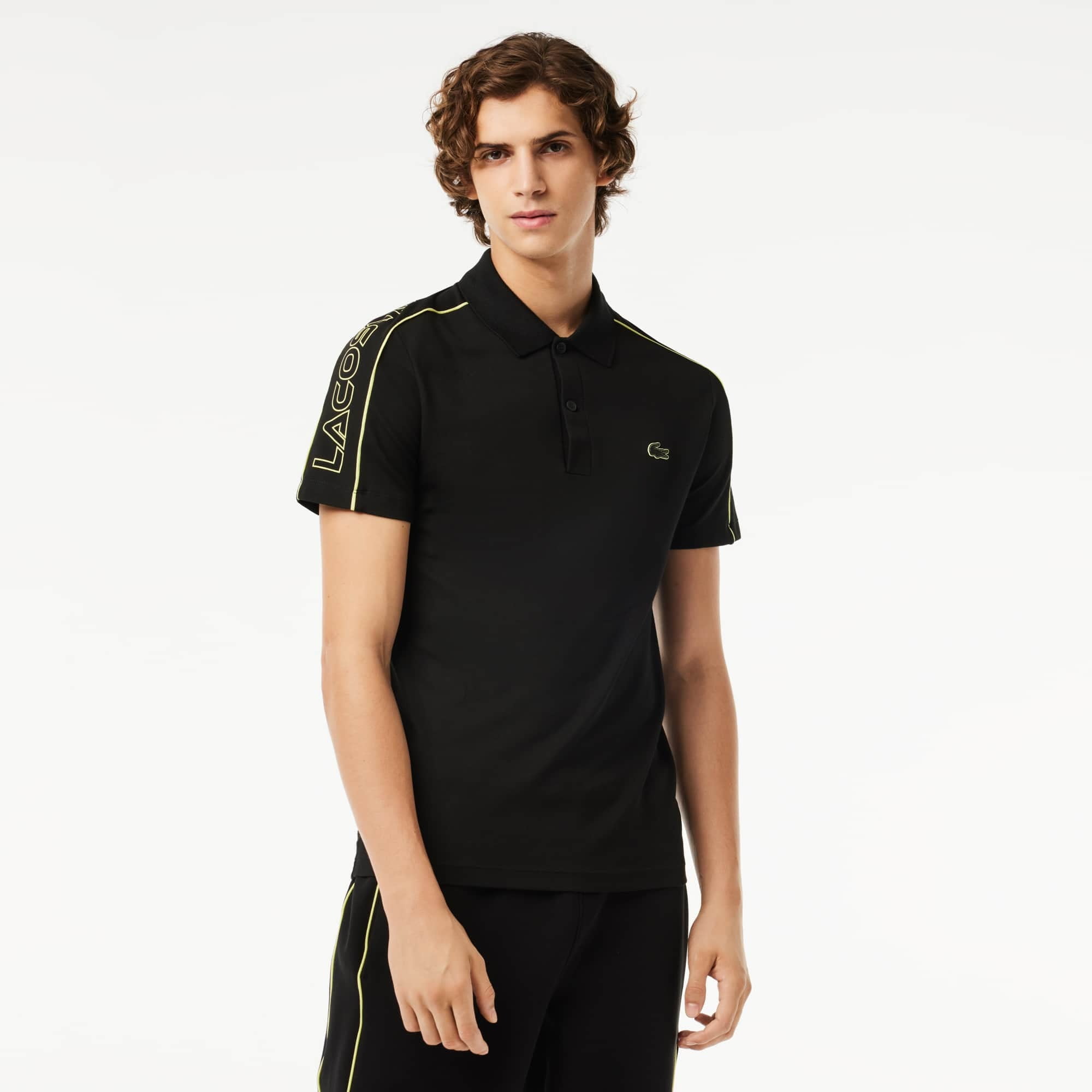 Lacoste BLACK/FLASHY YELLOW Men's Slim Fit Tech Piqué Polo Shirt