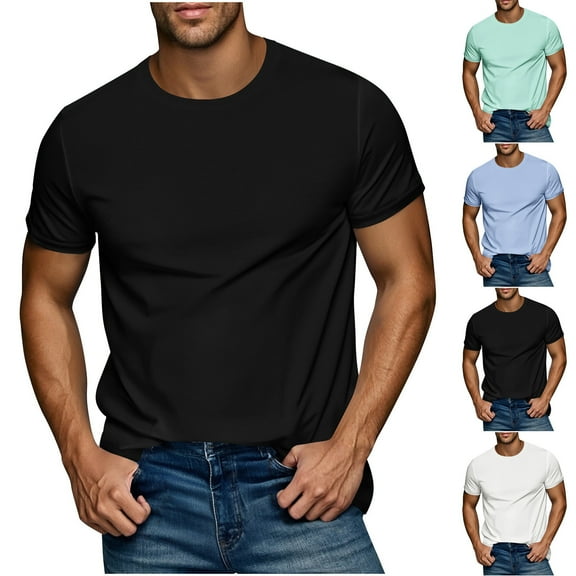 BiZtdJrK Men Summer T Shirt Solid Short Sleeve Classic Basic Tees Comfy Lightweight Casual Tee Tops on sale prime Black L