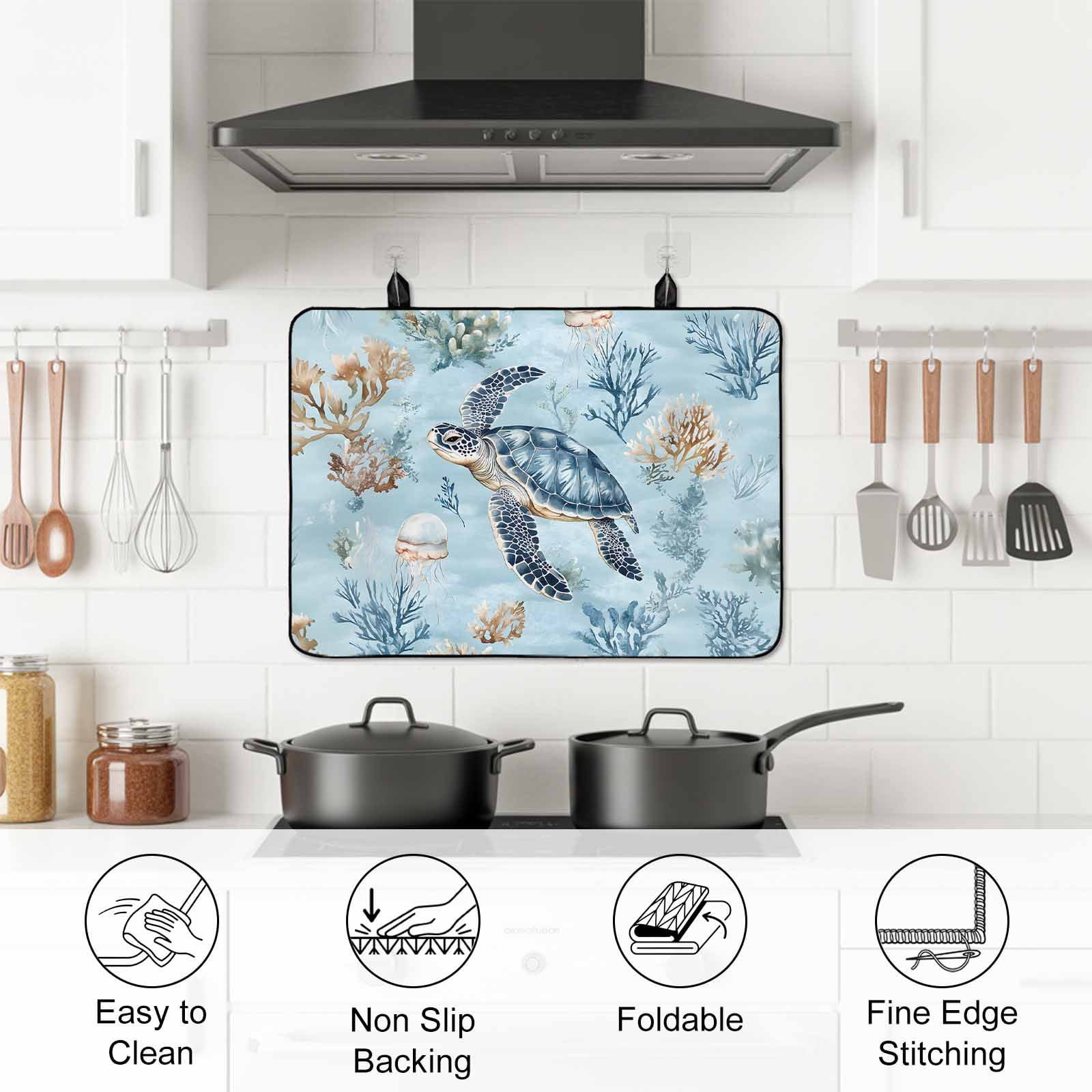Coastal Stove Top Cover for Electric Stove, Heat-proof & Non Slip Glass Top Stove Cover Protector, Sea Turtle Summer Beach Nautical Coral Kitchen Flat Cooktop Rubber Mat 24x21 Inches