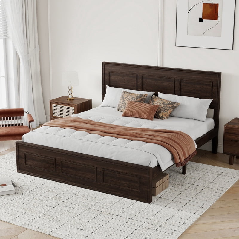 Vintage Queen Size Platform Bed with Adjustable Height Headboard, Wooden Low-Profile Bed Frame with Under-Bed Storage