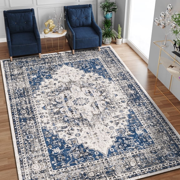Allstar Rugs 5' 0" x 6' 11" Gainsboro Grey Traditional Persian Themed Polyester Area Rug with a Steel Blue Heriz Design and Charcoal Grey Accents. Machine-Made in Turkey.