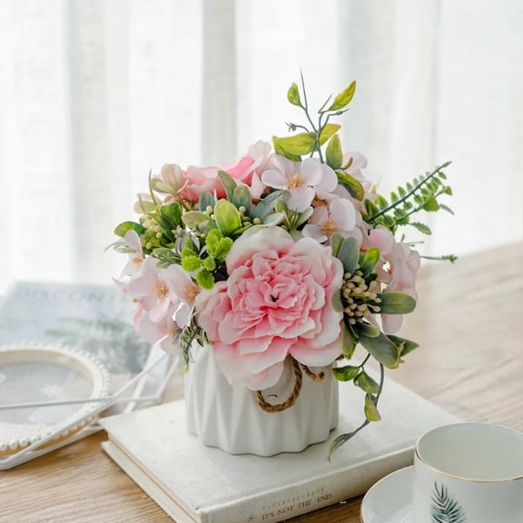 Zhuge Wedding Table Centerpieces, Artificial Faux Silk Flowers with Vase for Decoration, Pink E