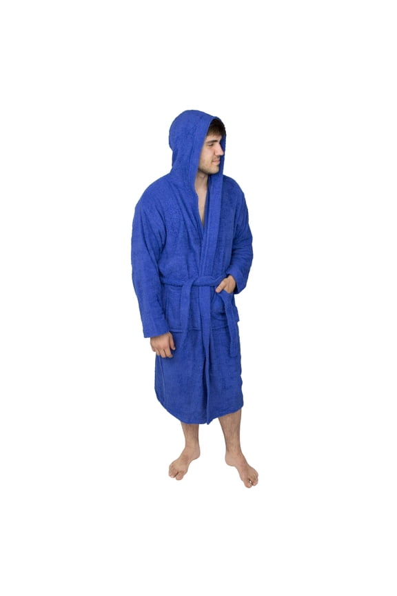 Mens 100% Terry Cotton Toweling Bathrobe Dressing Robe Hooded Blue Medium