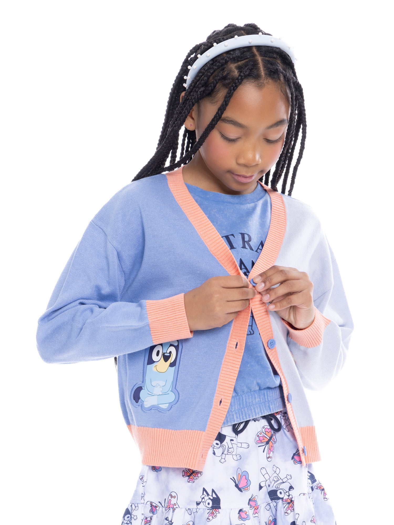 Bluey Girls Button Down Graphic Embroidery Cardigan, Sizes 4-16