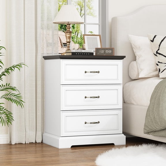 24-inch Wide Nightstand with 3 Drawers, Rustic Farmhouse Wooden Bedside Table, White