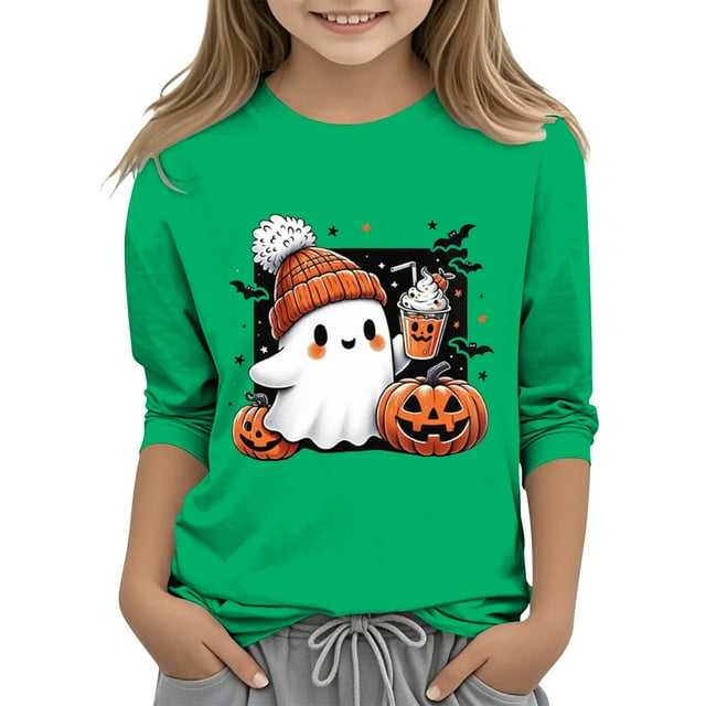 XQYLOS T-Shirt Mignon Festif pour Filles, Haut Décontracté pour Enfants, Imprimé 2D Halloween, Col Rond, Manches Trois-Quarts, Automne Mode
