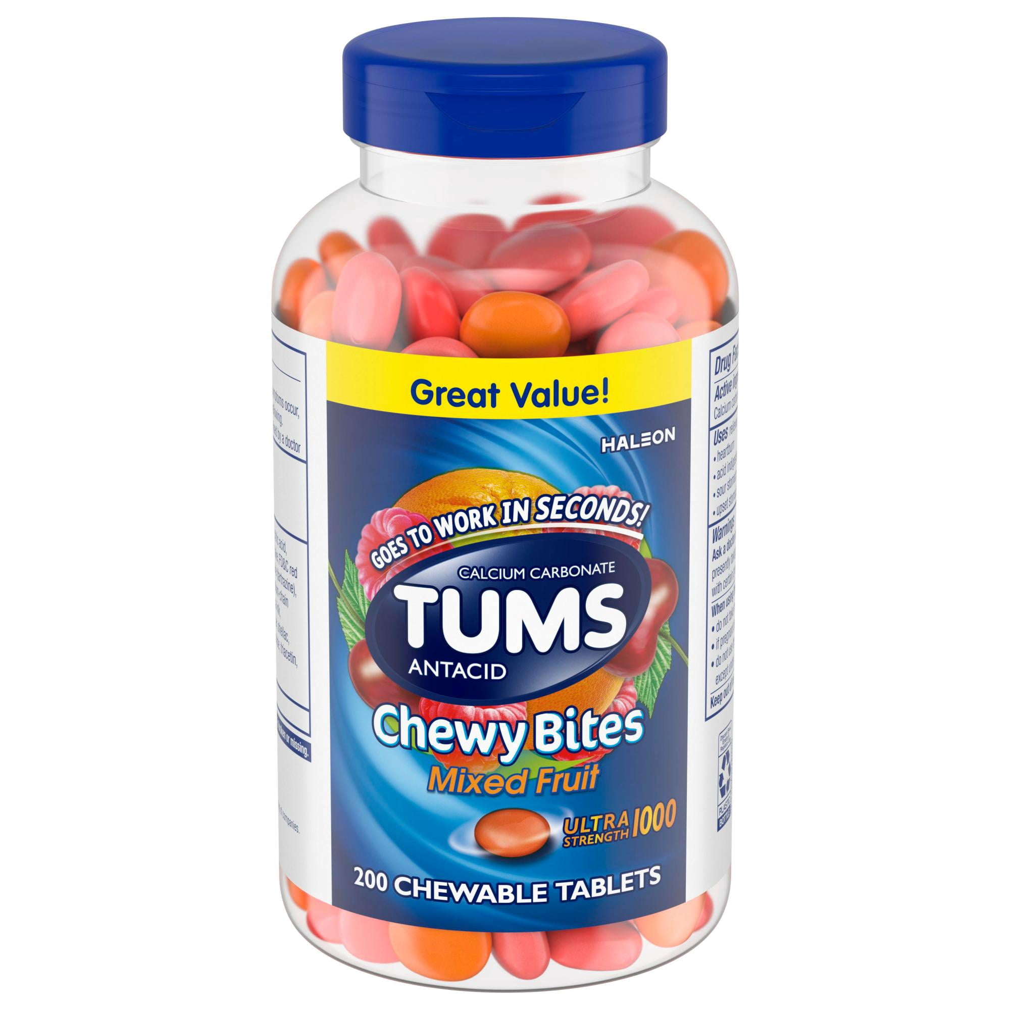 Tums Chewy Bites Antacid Tablets for Ultra Strength Heartburn Relief, Mixed Fruit, 200 Ct