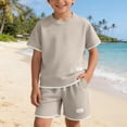 thumbnail image 3 of Boys Girls Waffle Knit 2 Piece Set Short Sleeve Top and Shorts 3-14Y Casual Summer Outfit for Kids,Khaki,8-9 Years, 3 of 7