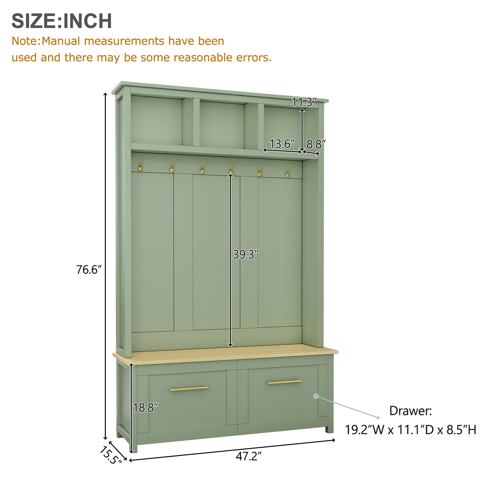 Mintazer 76.6"H Entryway Hall Tree with Bench & 2 Storage Drawers, 4-in-1 Entryway Organizer with Open Hutch Cubbies & 6 Golden Hooks for Mudroom Hallway, Green