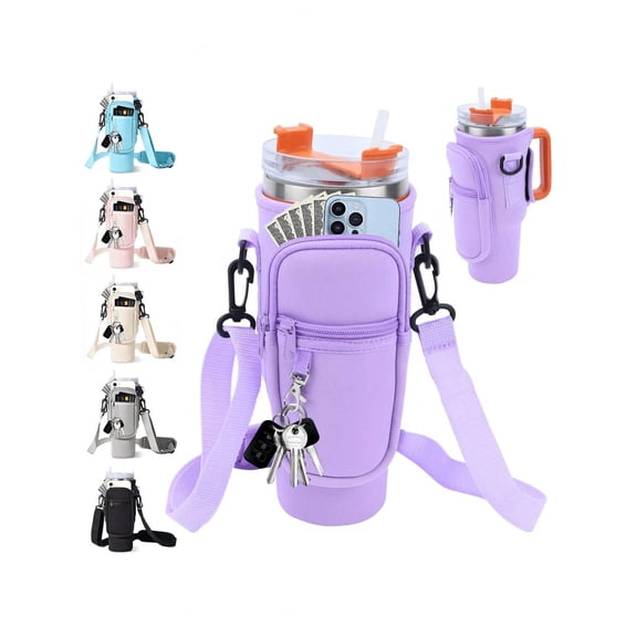 1PC Water Bottle Carrier Bag With Phone Pocket,Suitable For 40/30 Oz Tumbler With Handle With Adjustable Strap Bollus,Key Hook