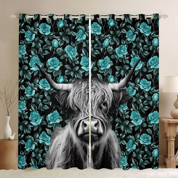 jejeloiu Teal Rose Cow Black Out Curtains Kids,Western Print Curtains Pack of 2 (42x63 Each)