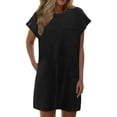 thumbnail image 1 of Vestido informal de verano de color liso para mujer - Vestido de playa holgado de manga corta y cuello redondo con bolsillos - Mezcla transpirable hasta la rodilla, 1 of 4