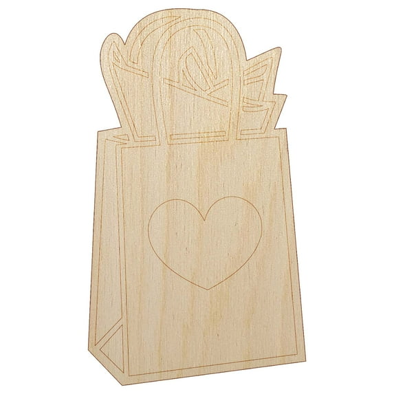 Gift Bag Heart Present Wood Shape Unfinished Piece Cutout Craft DIY Projects - 6.25 Inch Size - 1/4 Inch Thick