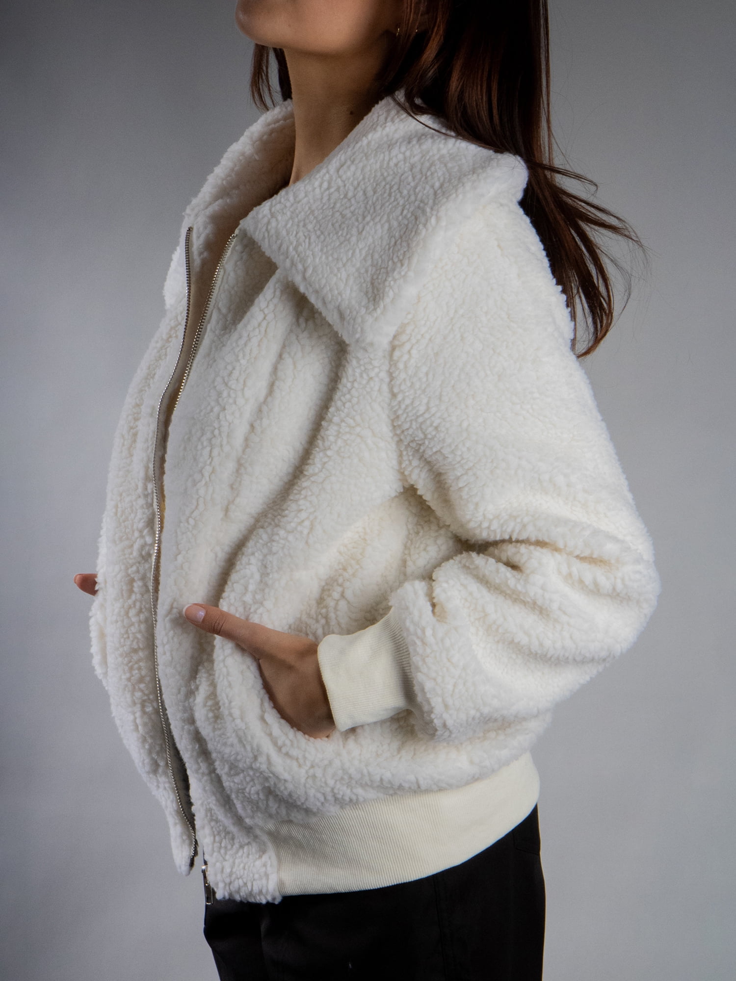 DARING DIVA Women's Stylish AK Plush Bomber Jacket S White